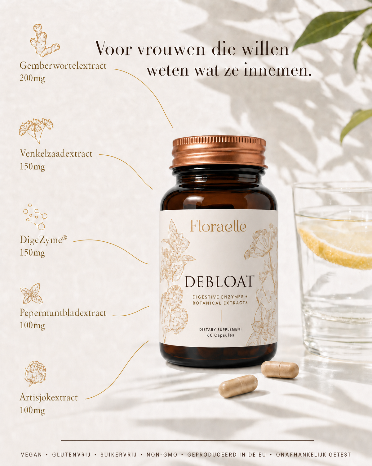 Floraelle Debloat bottle with ingredient list and production details