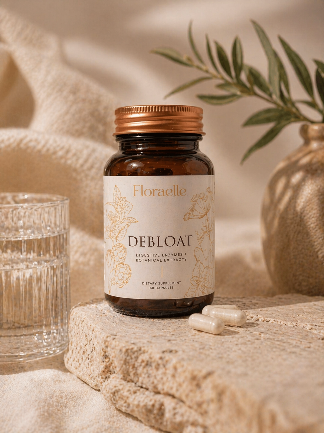 Bottle of Floraelle Debloat supplement on a textured surface with a glass of water and plant in the background.