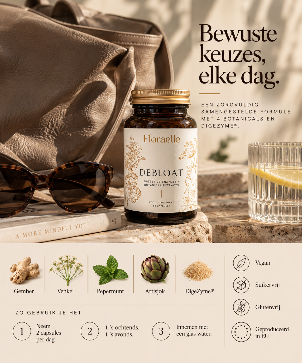 Floraelle Debloat next to a bag, sunglasses and a glass of water, with how to take it and what's inside