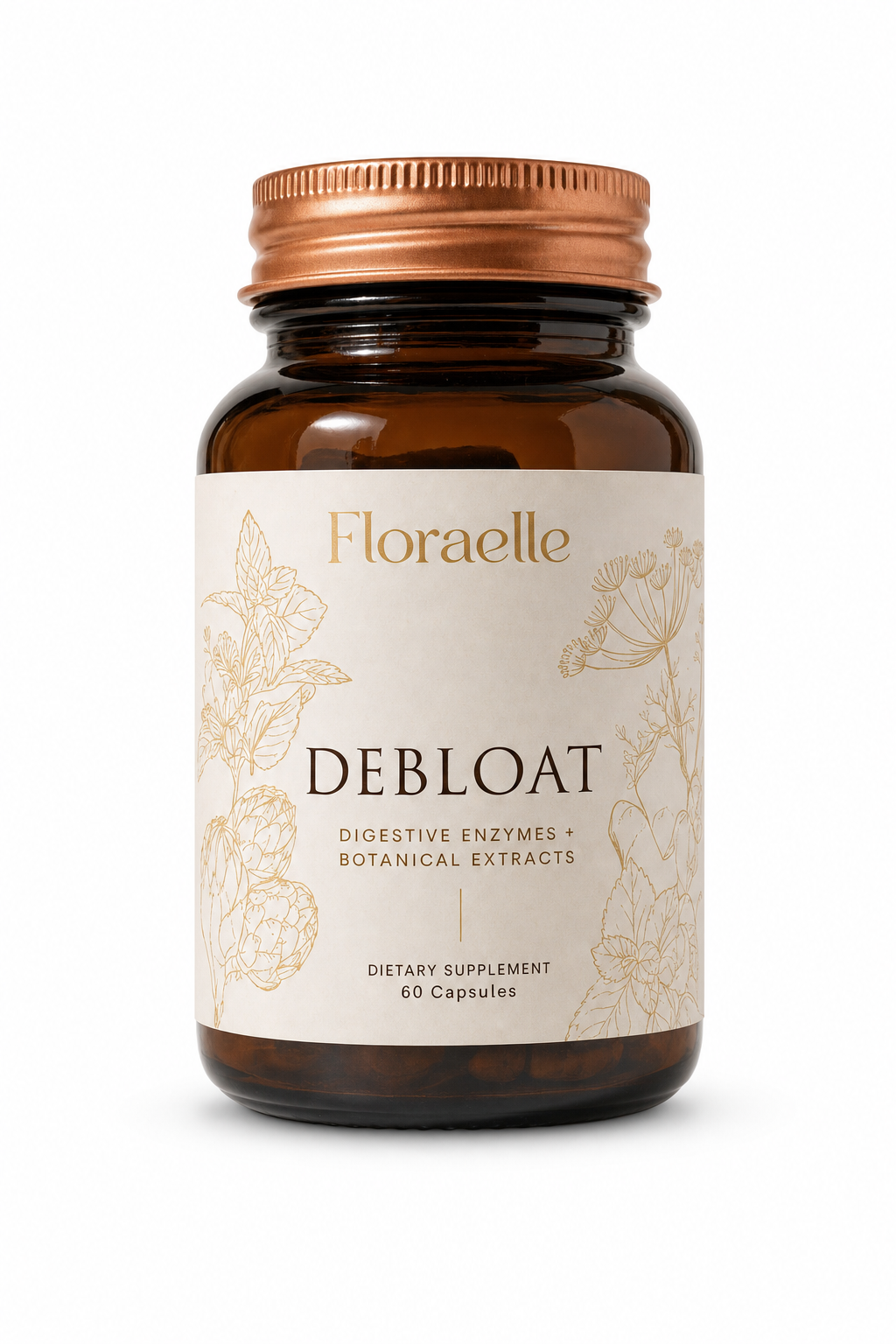 Floraelle Debloat bottle with 60 vegan capsules