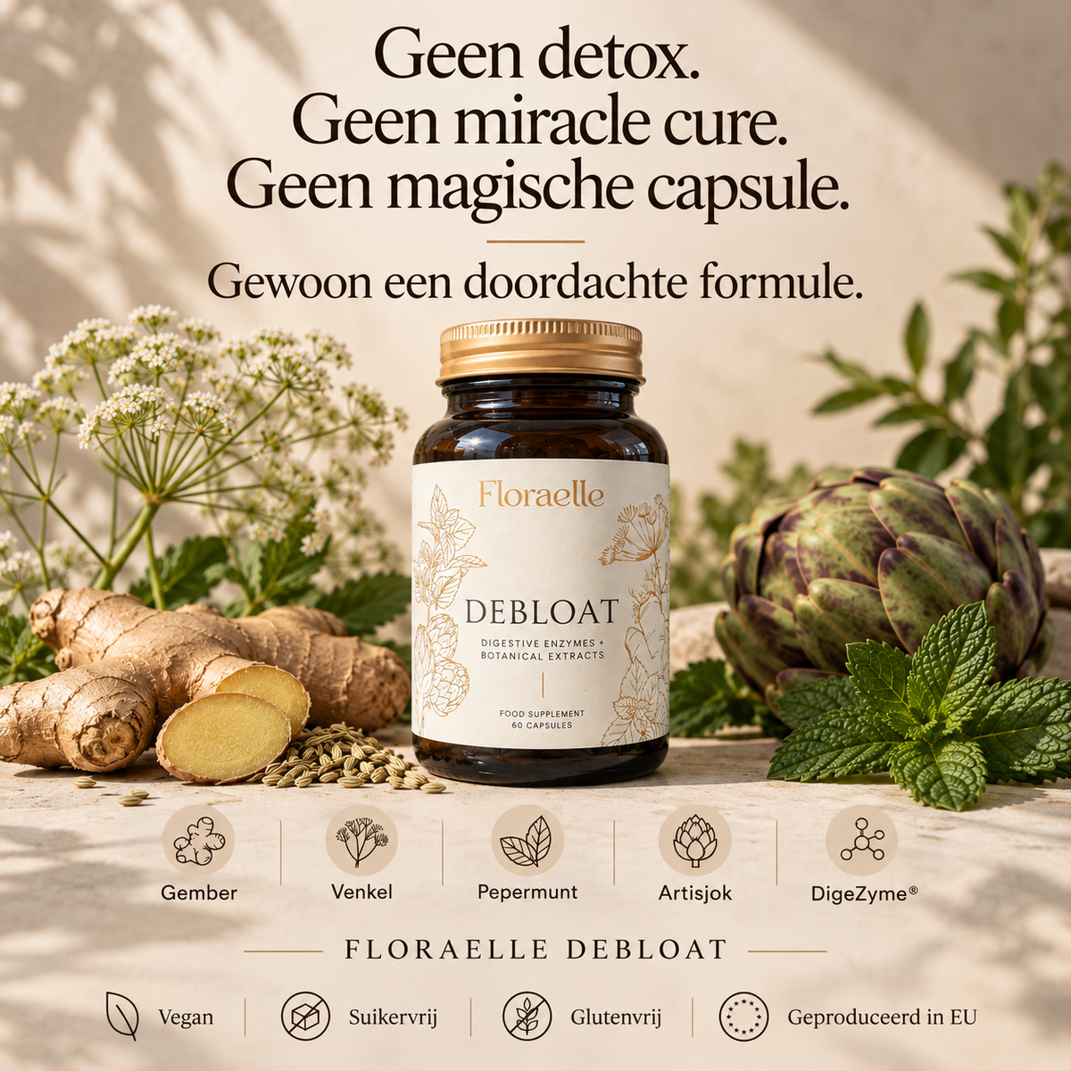 Floraelle Debloat with the text: no detox, no magic capsule, just a thoughtful formula