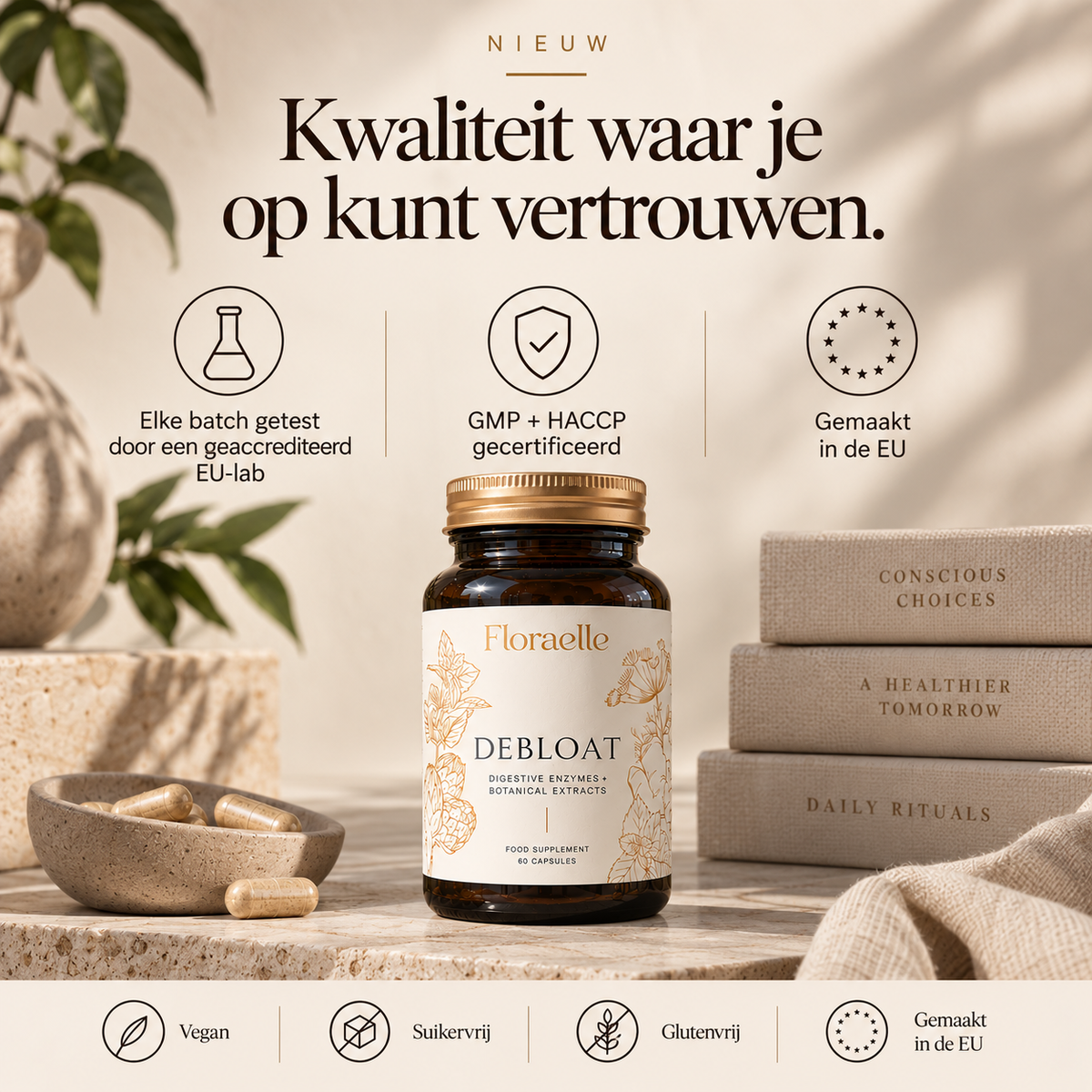 Floraelle Debloat quality overview: vegan, independently lab tested, GMP-certified production